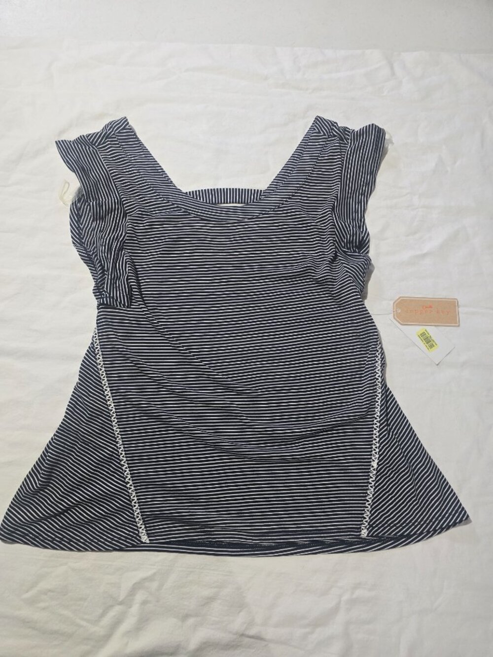 Copper Key Black & White Striped Ruffle Sleeve Top Cutout Back Size M New NWT
